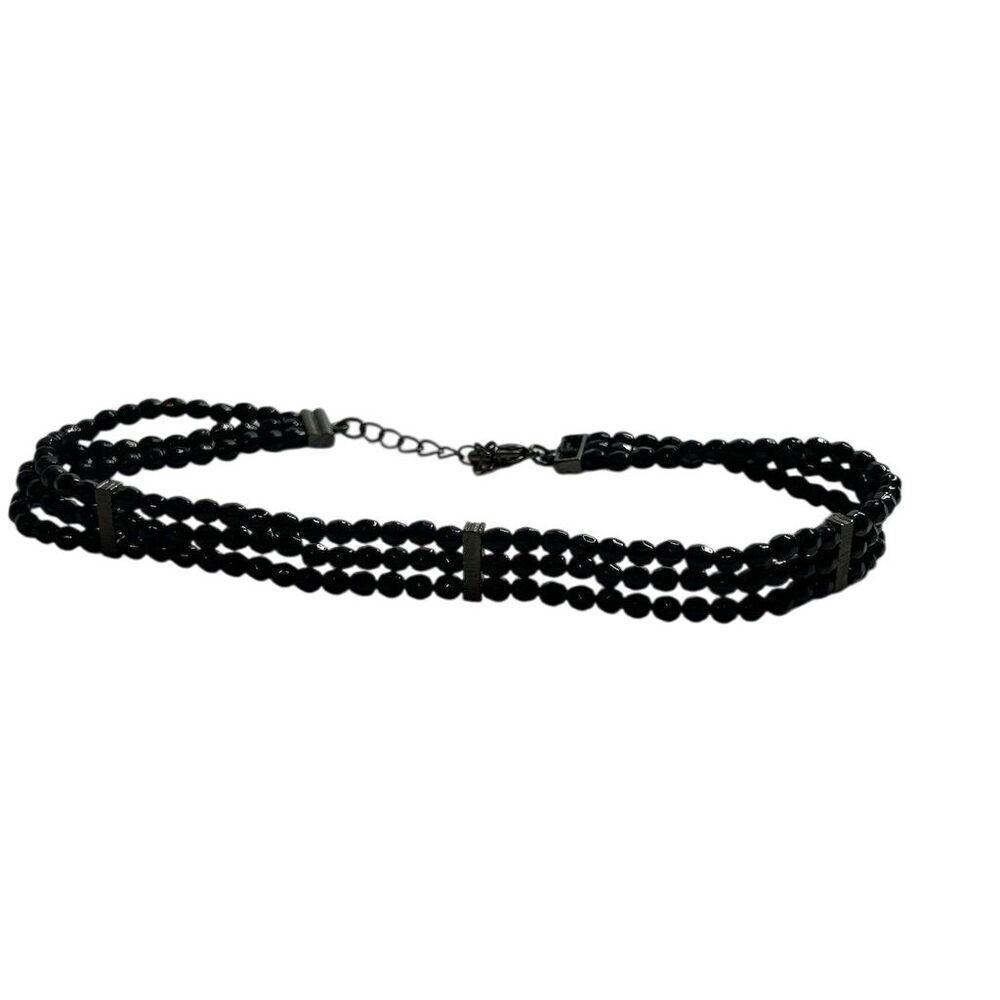 3-Strand Black Beaded Choker Necklace Adjustable Clasp